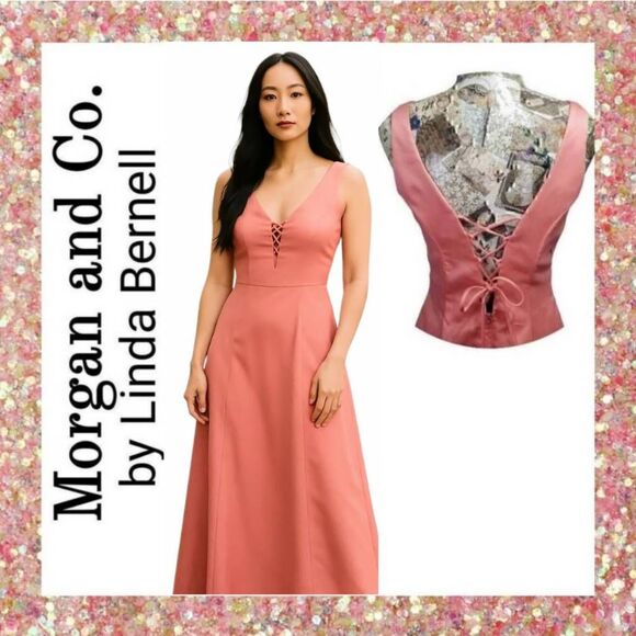 Formal Melon Pink Satin Lace Up Gown Long Maxi Dress Designer - Picture 1 of 12